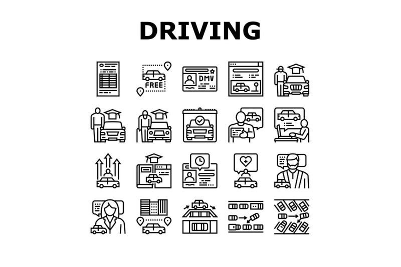 driving-school-lesson-collection-icons-set-vector