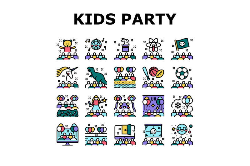 kids-birthday-party-collection-icons-set-vector