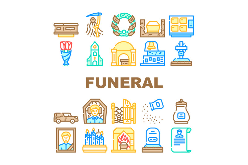 funeral-dead-ceremony-collection-icons-set-vector