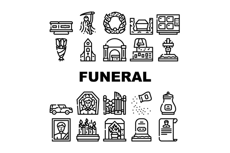 funeral-dead-ceremony-collection-icons-set-vector