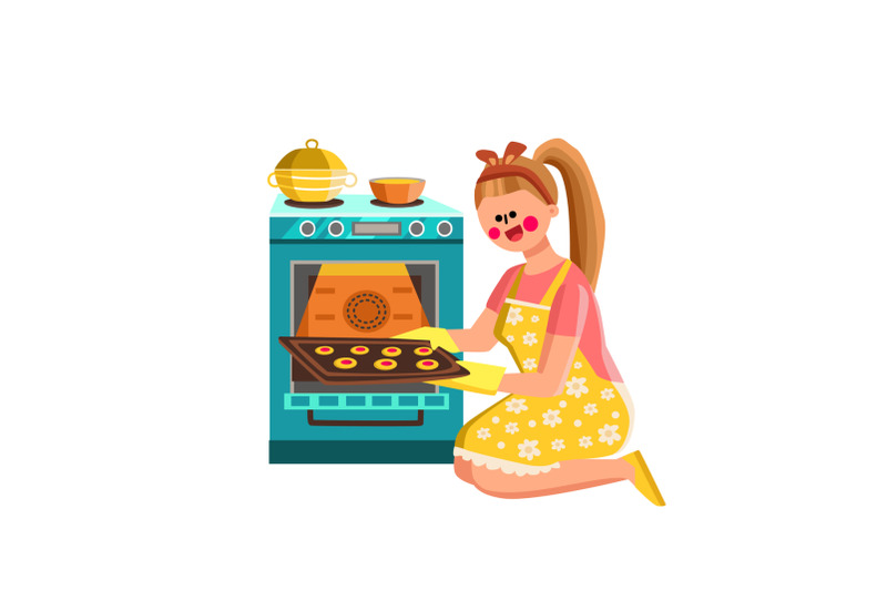 woman-baker-baking-cookies-in-kitchen-oven-vector