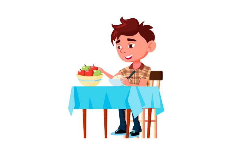boy-kid-eating-porridge-and-apple-at-table-vector