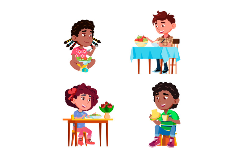 children-eat-salad-healthy-natural-dish-set-vector