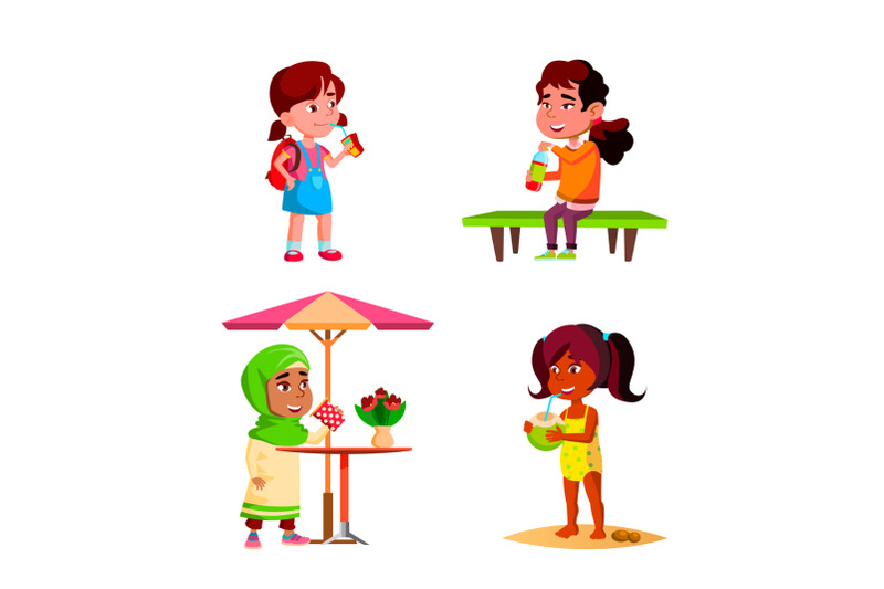 girls-children-drinking-delicious-drink-set-vector