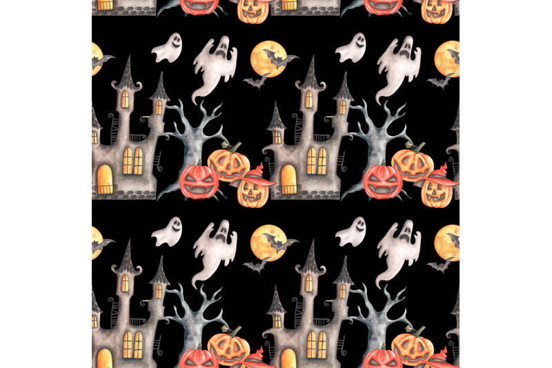 halloween-party-watercolor-seamless-pattern-castle-pumpkins-ghosts