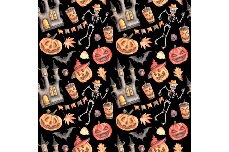 halloween-party-watercolor-seamless-pattern-pumpkin-pattern-black