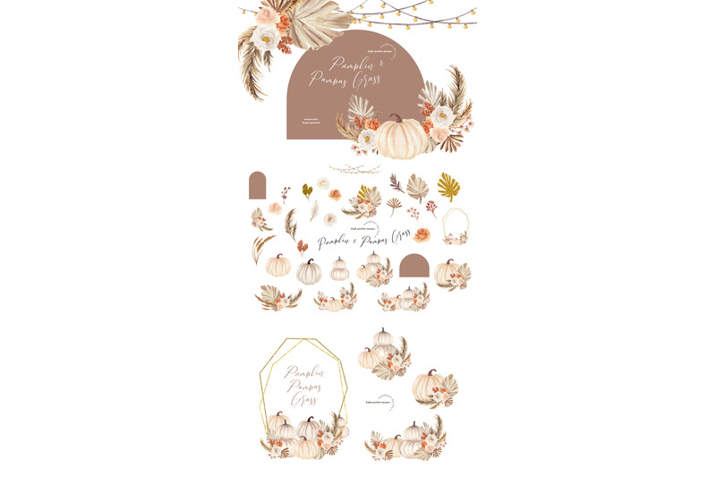 white-pumpkin-pampas-grass-clipart-arch-boho-clipart-dried-palm-leaf