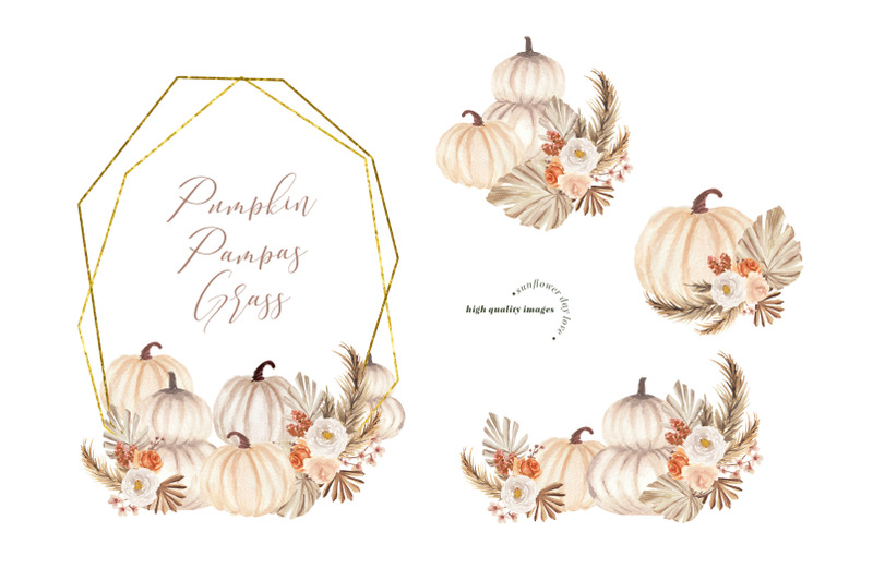 white-pumpkin-pampas-grass-clipart-arch-boho-clipart-dried-palm-leaf