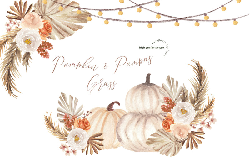 white-pumpkin-pampas-grass-clipart-arch-boho-clipart-dried-palm-leaf