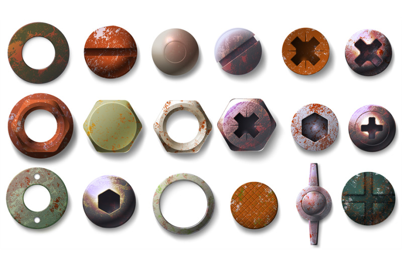 realistic-old-rusty-screw-and-bolt-heads-top-view-metal-round-and-hex