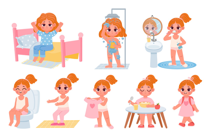 cartoon-little-kid-girl-home-daily-routine-cute-child-dress-shower