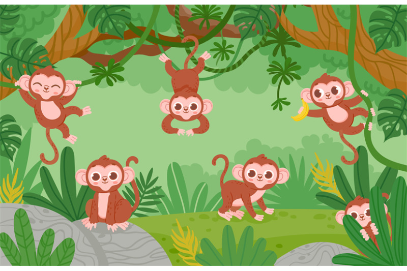 cute-monkeys-hanging-on-lianas-trees-in-jungle-forest-cartoon-happy-m