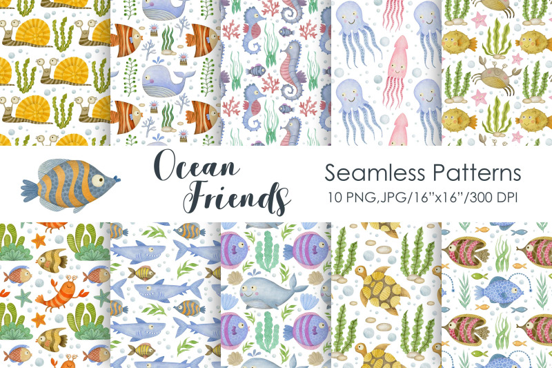 watercolor-seamless-patterns-ocean-friends