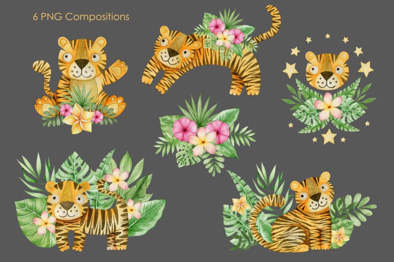 watercolor-tigers-clipart-tropical-leaves-and-flowers-elements