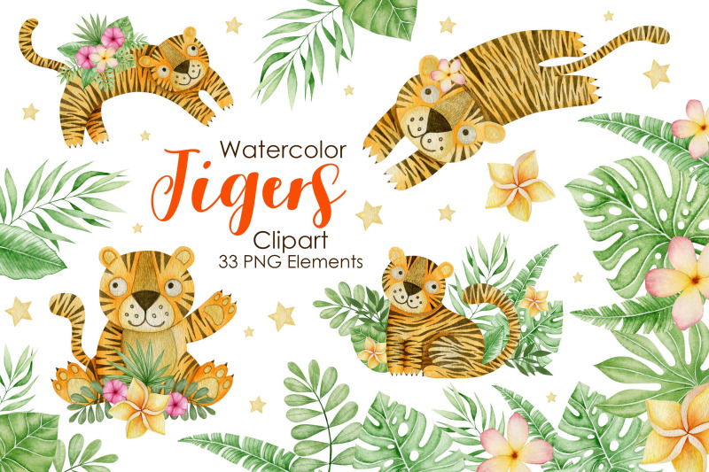 watercolor-tigers-clipart-tropical-leaves-and-flowers-elements