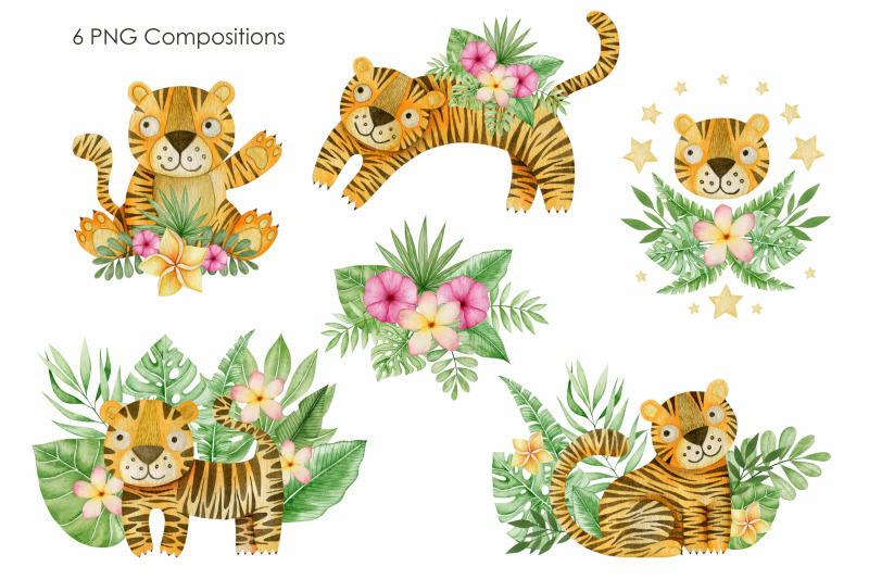 watercolor-tigers-clipart-tropical-leaves-and-flowers-elements