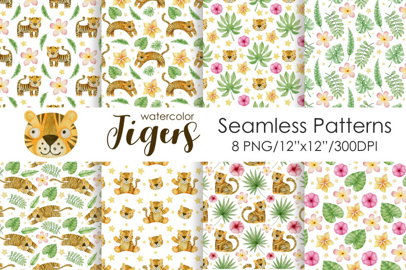 watercolor-seamless-patterns-tigers-tropical-leaves-and-flowers