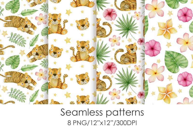 watercolor-seamless-patterns-tigers-tropical-leaves-and-flowers
