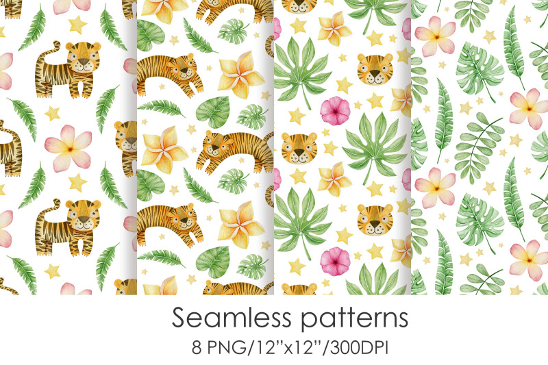 watercolor-seamless-patterns-tigers-tropical-leaves-and-flowers