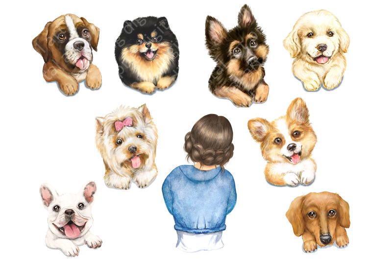 dogs-watercolor-clipart-woman-with-dog-dog-portrait-girl-with-dogs
