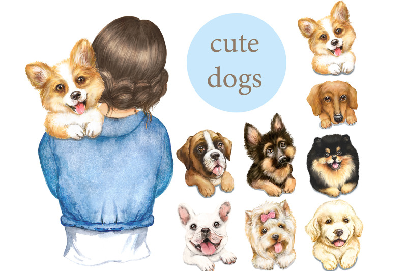 dogs-watercolor-clipart-woman-with-dog-dog-portrait-girl-with-dogs