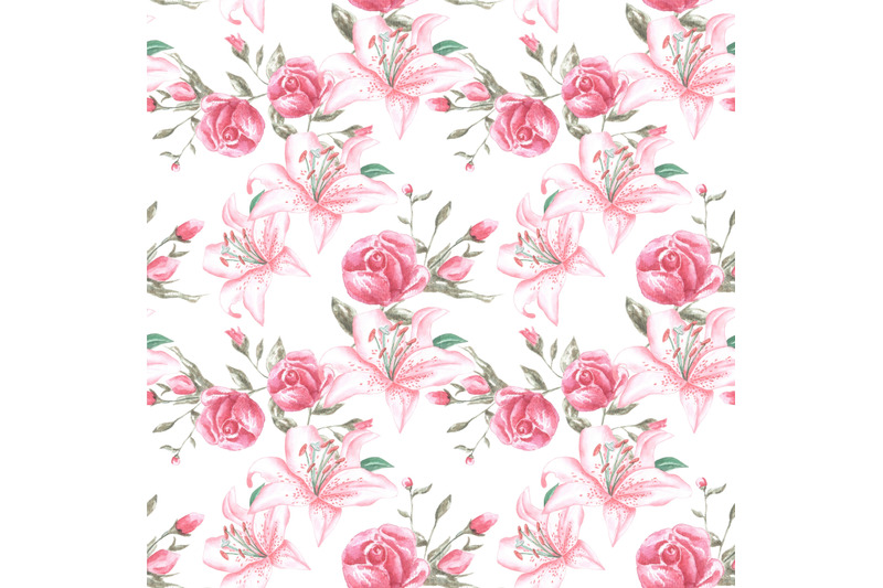 roses-and-lilies-watercolor-seamless-pattern-pink-flowers