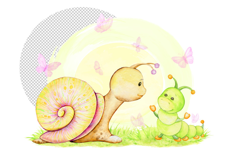 watercolor-animals-forest-animals-insects-snail-caterpillar-butte