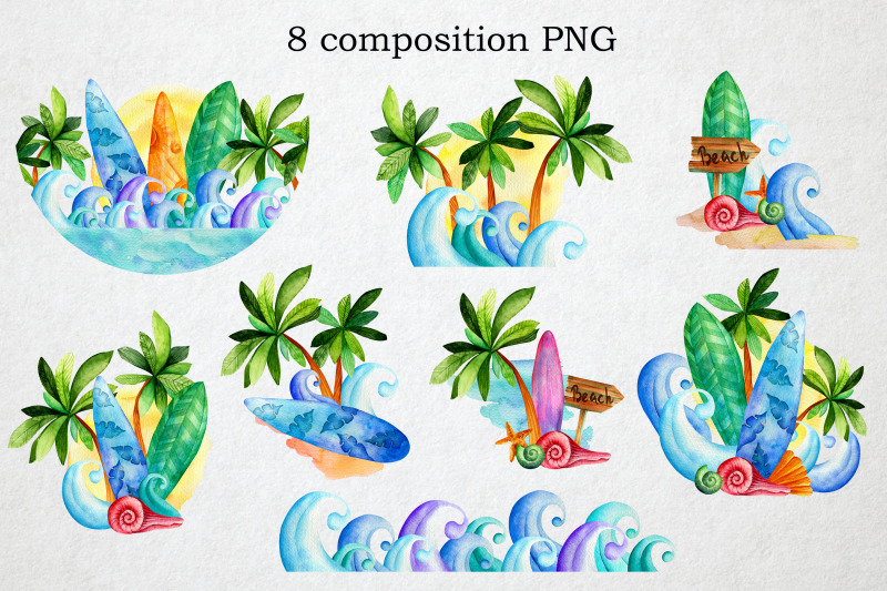 surfing-and-palm-trees-watercolor-set