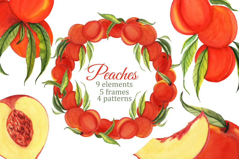 peach-watercolor-clipart-peaches-frames-seamless-patterns-decoupage