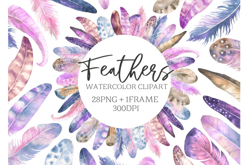 watercolor-feathers-clipart-boho-feathers-frame-clip-art-hand-painted