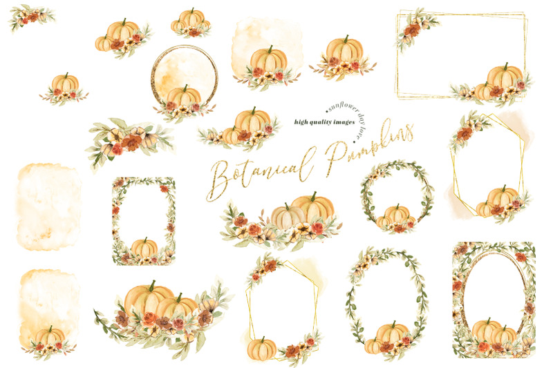 watercolor-botanical-pumpkin-clipart-autumn-floral-leaves