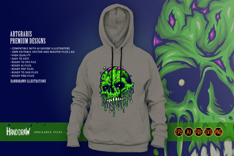 green-zombie-skull-isolated-melt-horror