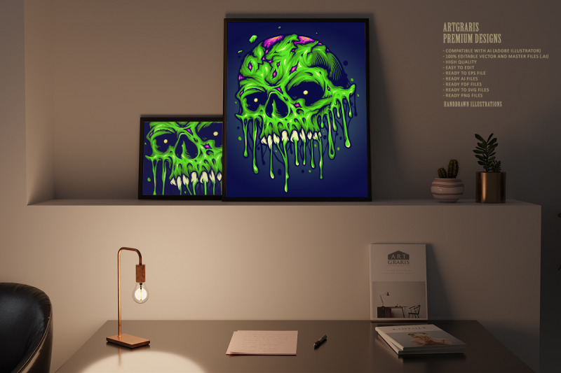 green-zombie-skull-isolated-melt-horror