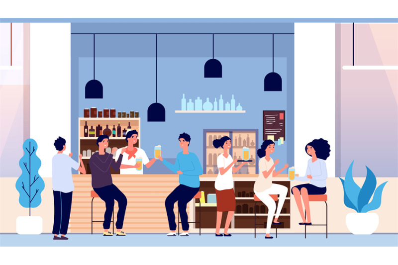 friends-in-beer-bar-flat-people-with-glasses-waiter-and-happy-man-wo