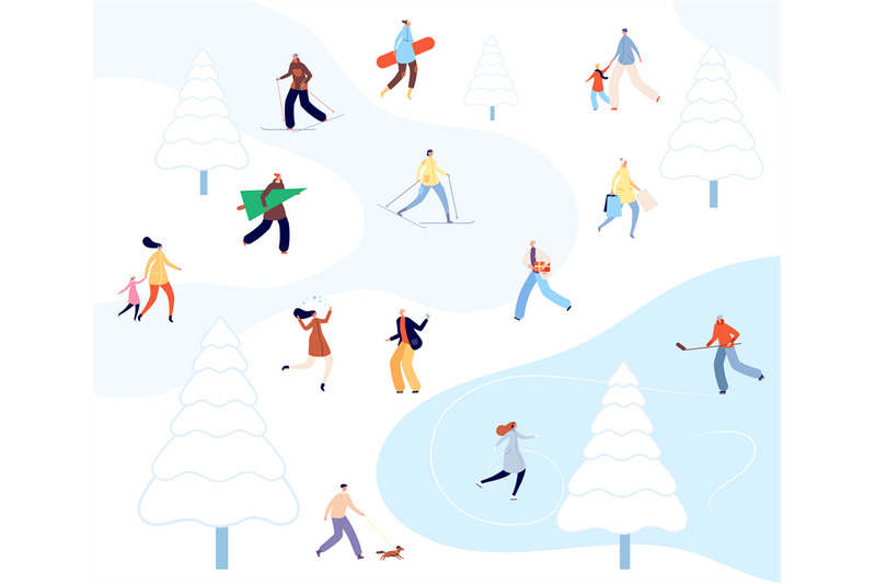 people-walking-winter-park-cartoon-couples-activity-person-skiing-on