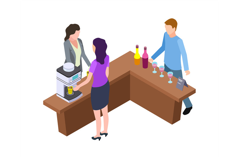 coffee-break-woman-and-hot-drinks-machine-isometric-wine-tasting-bar