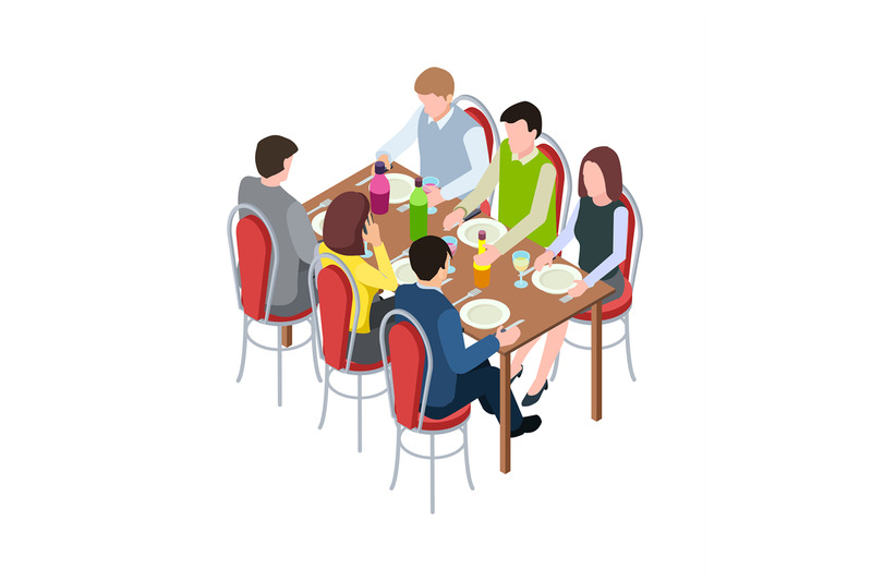 friends-meeting-family-festive-dinner-isometric-people-eating-togeth