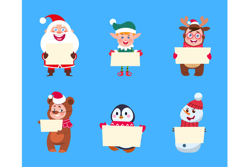 christmas-characters-santa-claus-elf-snowman-holding-banners-pengui