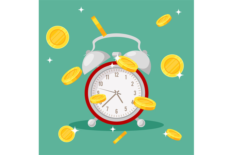 clock-with-falling-coins-red-retro-alarm-and-gold-coins-on-green-back