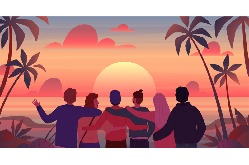 friends-at-sunset-cartoon-men-and-women-looking-at-sun-tourists-enjo