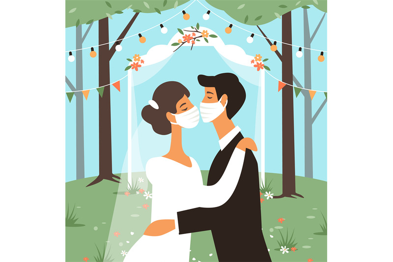 wedding-in-masks-bride-and-groom-kiss-people-in-medical-protective-m