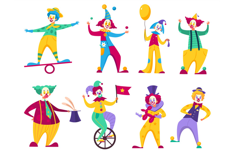 funny-clowns-circus-comedians-with-colorful-costumes-collection-vari