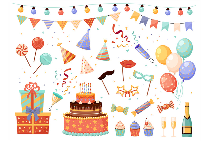 birthday-party-decorations-cartoon-holiday-elements-set-flags-or-lig