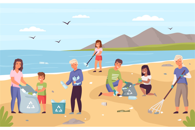 collect-beach-garbage-parents-with-children-clean-seashore-from-trash