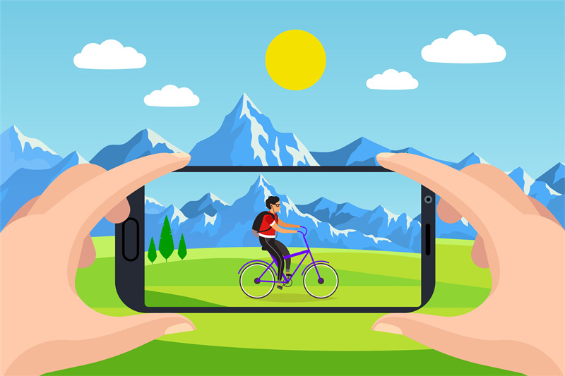 photo-on-your-phone-hands-hold-smartphone-man-ride-on-bicycle-on-gra