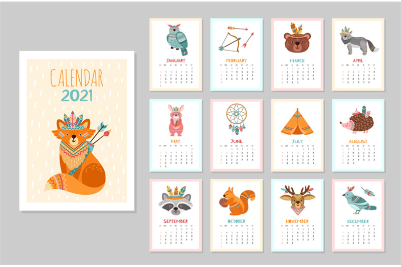 cute-animal-calendar-2021-kid-animals-forest-tribal-wildlife-posters