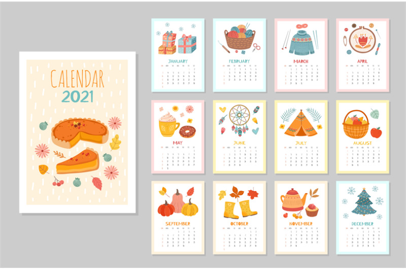 Cozy wall calendar 2021. Monthly calendars, styling home hygge schedul