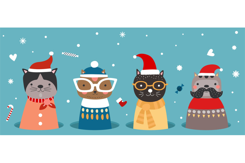 christmas-cats-in-hole-kitten-in-winter-clothes-santa-hat-and-scarfs