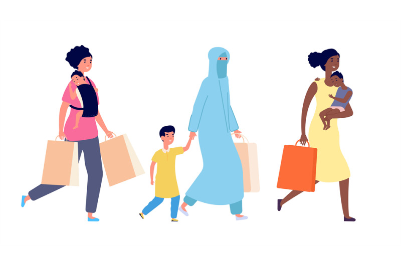 shopping-woman-different-nationality-women-with-kids-go-with-shop-bag