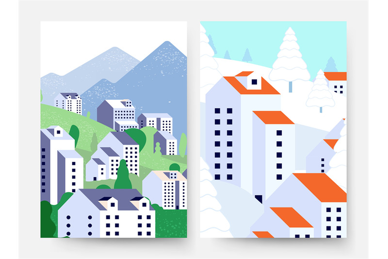 summer-winter-landscape-suburb-lifestyle-cards-minimal-style-buildin